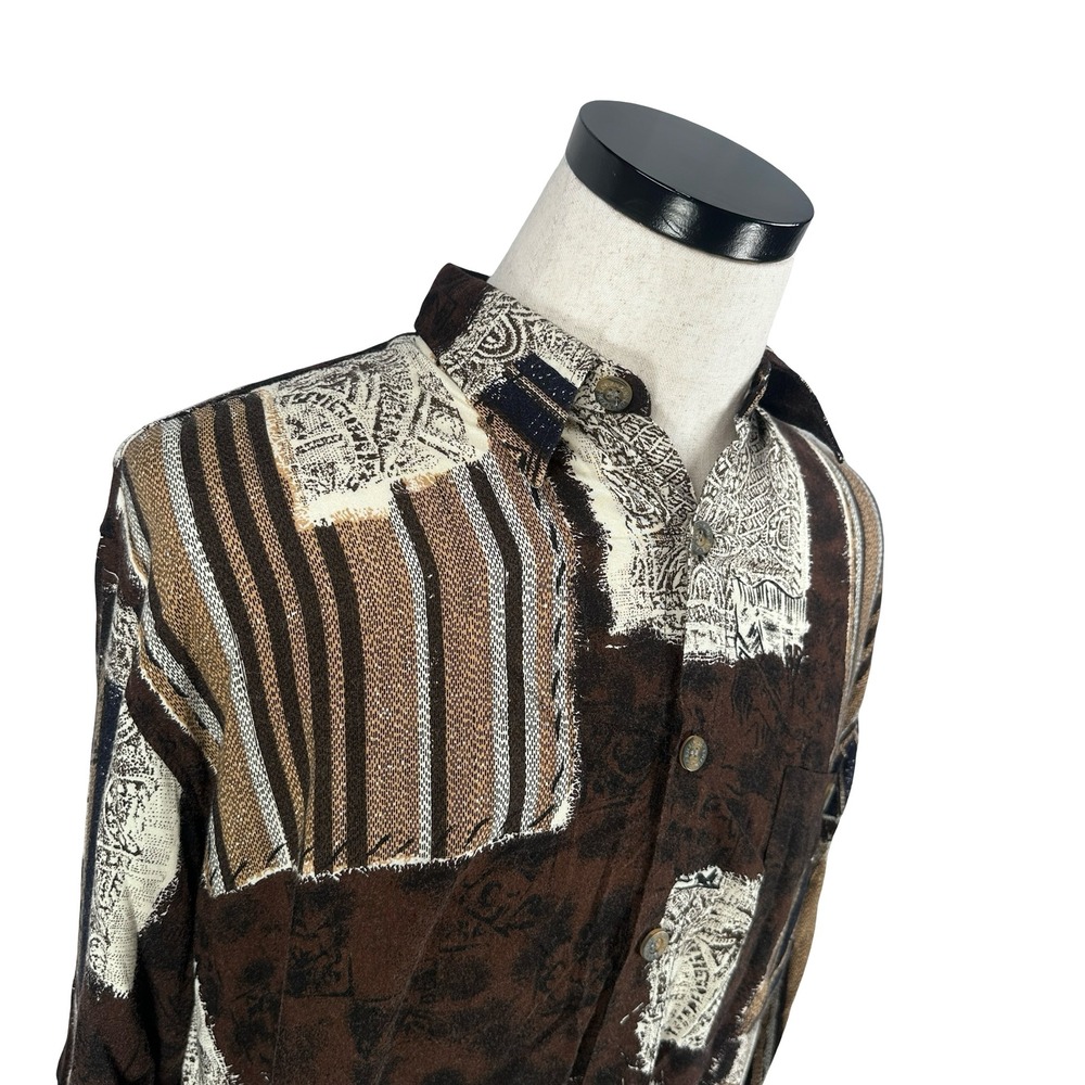 Vintage Lorenzini Button Down Shirt Men XL Brown Gray Abstract Patchwork Viscose - Picture 2 of 11